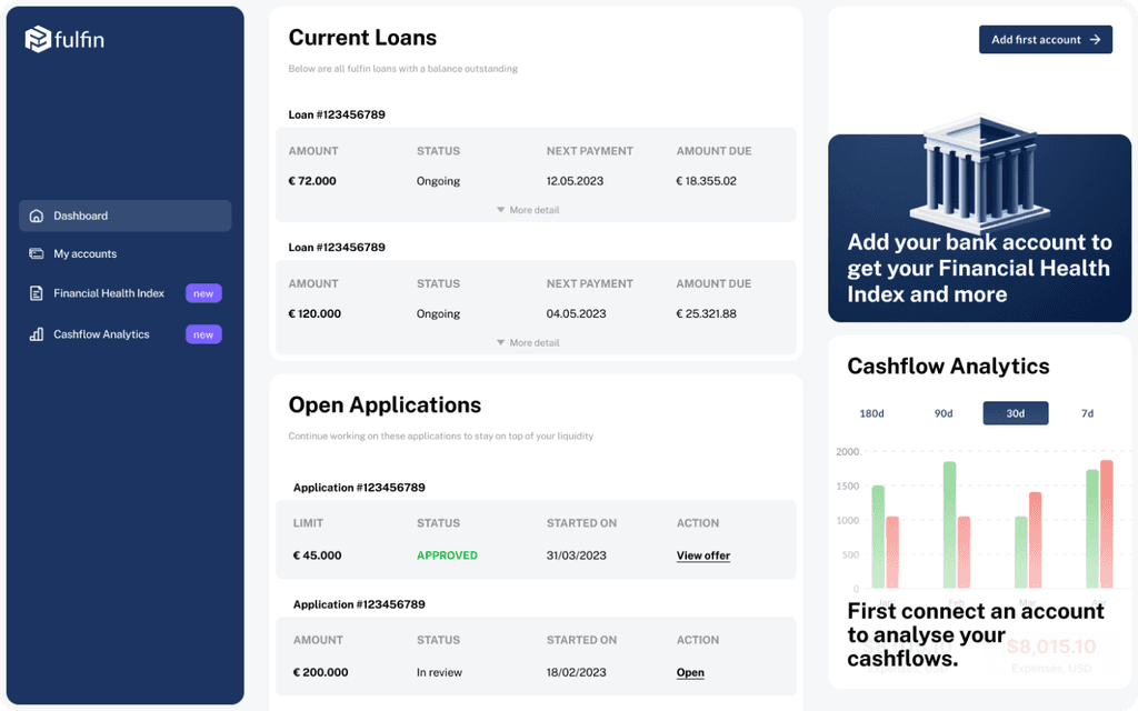 Fulfin product dashboard in light theme